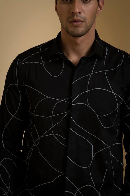 Hilo Design Black Cotton Satin Embroidery Abstract Thread Shirt at Aza Fashions Hilo Design_Black Cotton Satin Embroidery Abstract Thread Shirt _at_Aza_Fashions