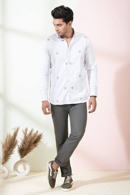 Hilo Design_Grey Oxford Embroidery Rive Cactus Shirt_Online_at_Aza_Fashions