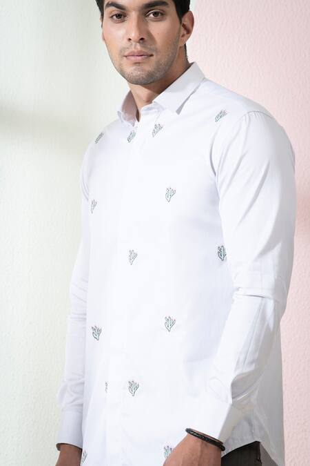 Shop_Hilo Design_Grey Oxford Embroidery Rive Cactus Shirt_Online_at_Aza_Fashions
