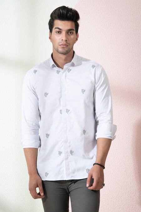 Hilo Design_Grey Oxford Embroidery Rive Cactus Shirt_at_Aza_Fashions