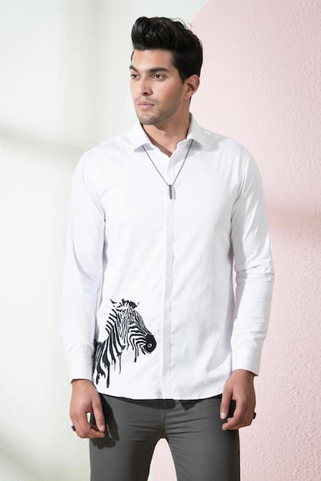 Hilo Design White Cotton Satin Embroidery Stan Zebra Shirt Online at Aza Fashions Hilo Design_White Cotton Satin Embroidery Stan Zebra Shirt _Online_at_Aza_Fashions