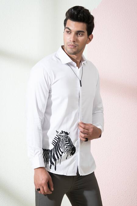 Buy Hilo Design White Cotton Satin Embroidery Stan Zebra Shirt Online at Aza Fashions Buy_Hilo Design_White Cotton Satin Embroidery Stan Zebra Shirt _Online_at_Aza_Fashions