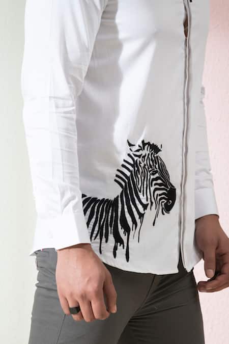 Hilo Design White Cotton Satin Embroidery Stan Zebra Shirt at Aza Fashions Hilo Design_White Cotton Satin Embroidery Stan Zebra Shirt _at_Aza_Fashions