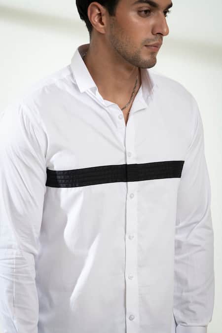 Hilo Design_White Cotton Satin Contrast Stripe Shirt _at_Aza_Fashions