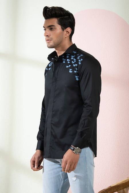 Hilo Design Black Cotton Satin Embroidery Placement Shirt Online at Aza Fashions Hilo Design_Black Cotton Satin Embroidery Placement Shirt _Online_at_Aza_Fashions
