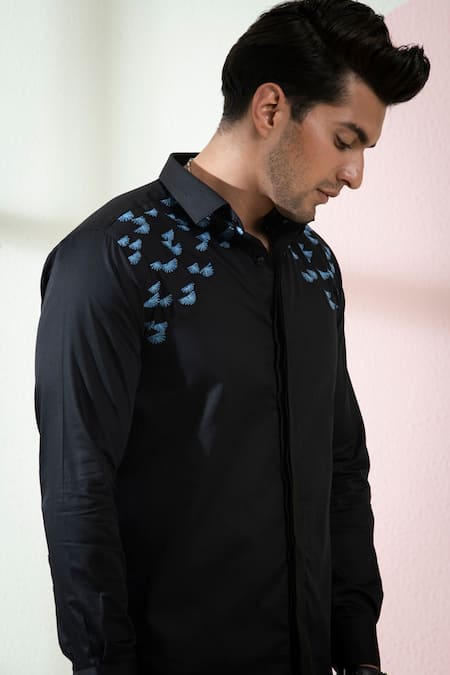 Shop Hilo Design Black Cotton Satin Embroidery Placement Shirt Online at Aza Fashions Shop_Hilo Design_Black Cotton Satin Embroidery Placement Shirt _Online_at_Aza_Fashions