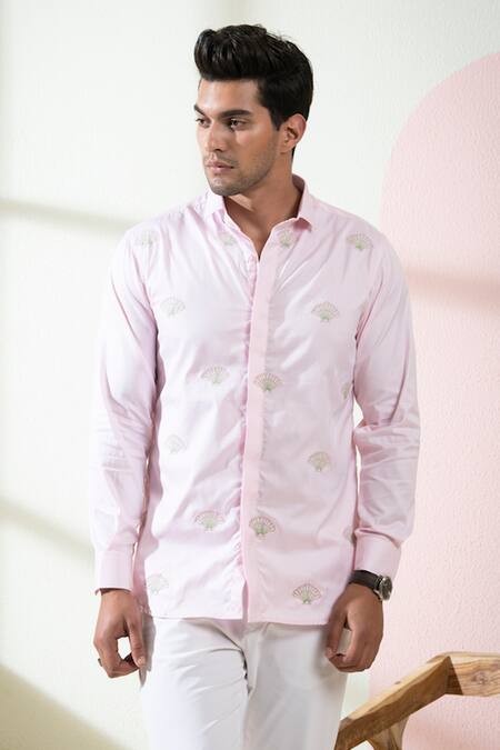 Hilo Design_Pink Oxford Embroidery Shell Motif Thread Shirt_Online_at_Aza_Fashions
