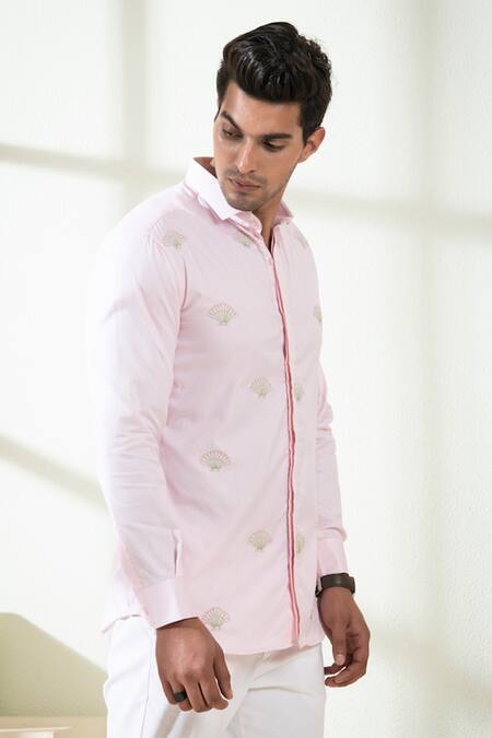 Shop_Hilo Design_Pink Oxford Embroidery Shell Motif Thread Shirt_Online_at_Aza_Fashions