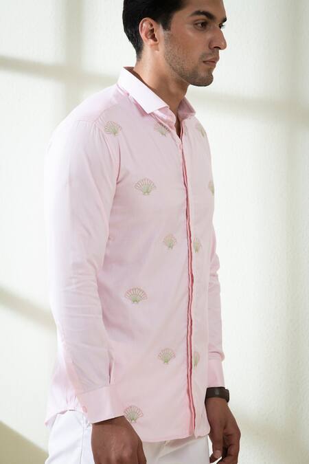 Hilo Design_Pink Oxford Embroidery Shell Motif Thread Shirt_at_Aza_Fashions