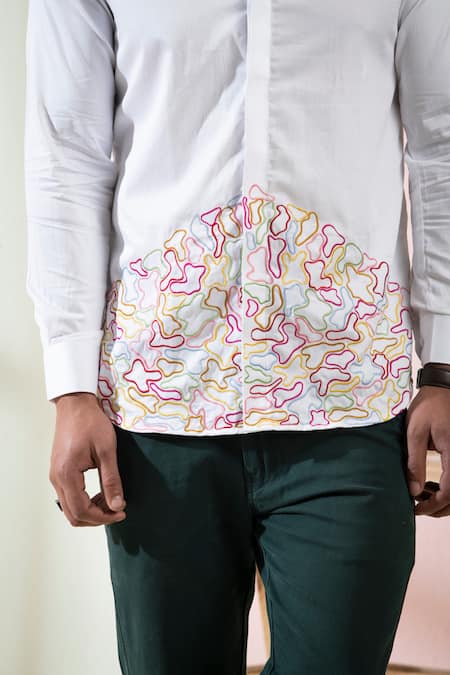 Hilo Design_White Cotton Satin Embroidery Cloud Placement Shirt _Online_at_Aza_Fashions