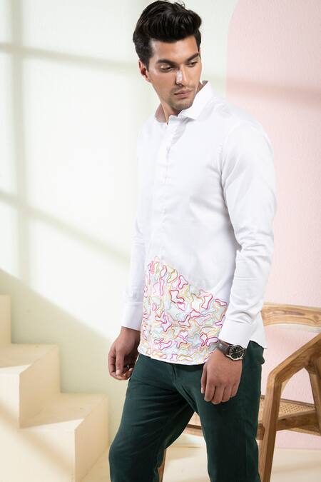 Shop_Hilo Design_White Cotton Satin Embroidery Cloud Placement Shirt _Online_at_Aza_Fashions