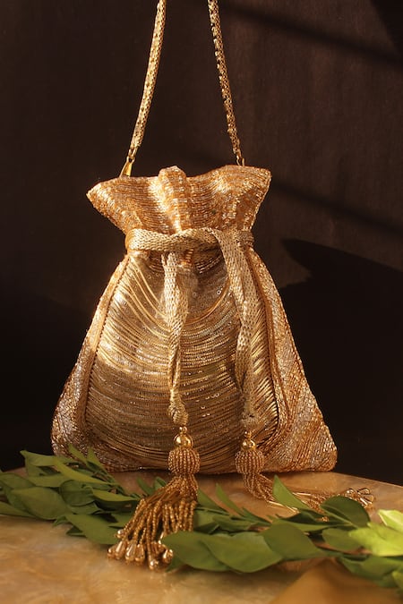 Shop Nayaab By Sonia Gold Embroidery, Chains Embellished Potli at Aza Fashions Shop_Nayaab By Sonia_Gold Embroidery, Chains Embellished Potli _at_Aza_Fashions