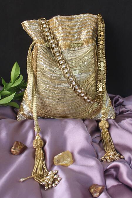 Buy_Nayaab By Sonia_Gold Chains, Tassels, Beads, Hinted Silver Embellished Salli Work Potli Bag _Online_at_Aza_Fashions