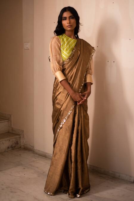 Priyanka Raajiv_Gold Silk Tissue Chanderi Sequins, Zardozi Hiranya Saree _Online_at_Aza_Fashions