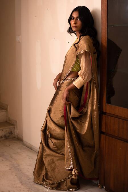 Buy_Priyanka Raajiv_Gold Silk Tissue Chanderi Sequins, Zardozi Hiranya Saree _Online_at_Aza_Fashions