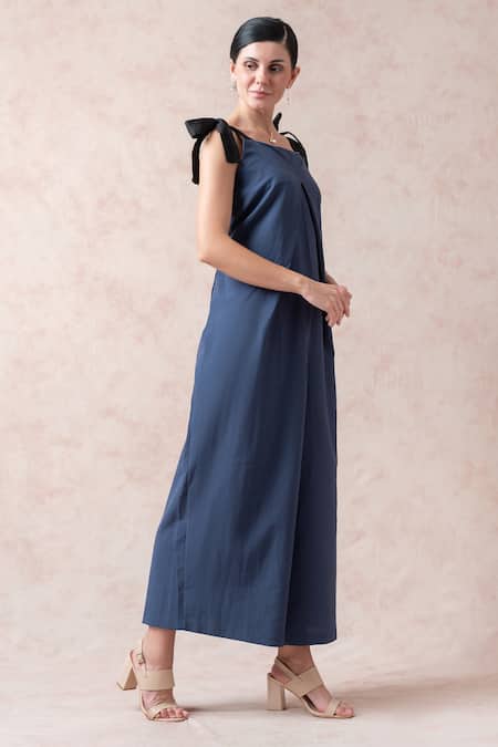 Thetaa_Blue Linen Square Neck Tie -up Strappy Jumpsuit _Online_at_Aza_Fashions