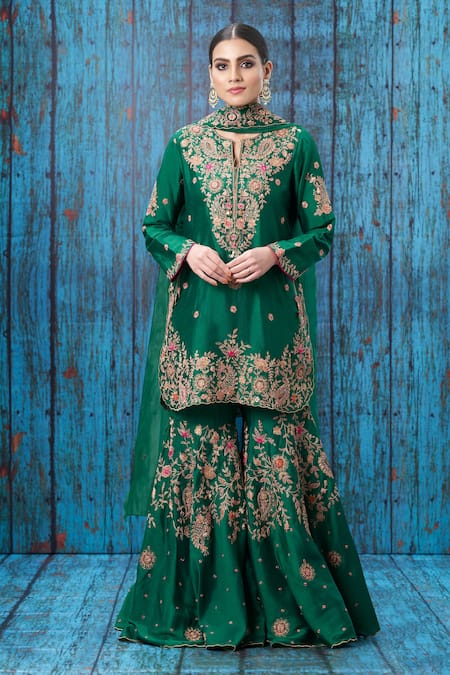 Label Niti Bothra Green Silk Embroidered Floral Notched Kurta Sharara Set 