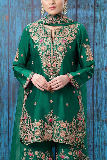 Buy_Label Niti Bothra_Green Silk Floral, Paisley Notched Embroidered Kurta Sharara Set _Online_at_Aza_Fashions