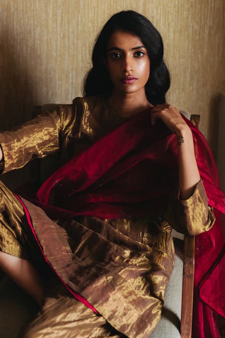 Shop Shorshe Clothing Gold Handloom Tissue Round Kurta Set at Aza Fashions Shop_Shorshe Clothing_Gold Handloom Tissue Round Kurta Set _at_Aza_Fashions