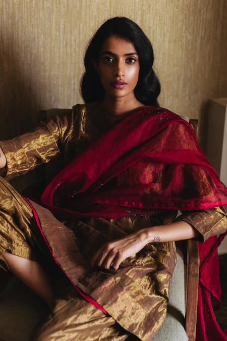 Shorshe Clothing Gold Handloom Tissue Round Kurta Set Online at Aza Fashions Shorshe Clothing_Gold Handloom Tissue Round Kurta Set _Online_at_Aza_Fashions