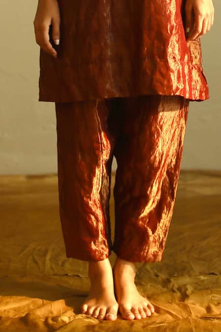 Shop_Shorshe Clothing_Red Handloom Tissue Round Kurta And Salwar Set _Online_at_Aza_Fashions