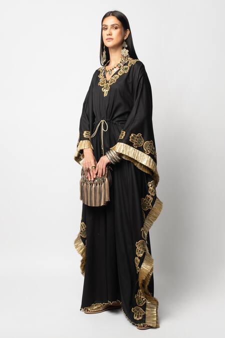 Rara Avis_Black Cotton Satin Embroidery V Neck Hamsa Motif Kaftan_Online_at_Aza_Fashions