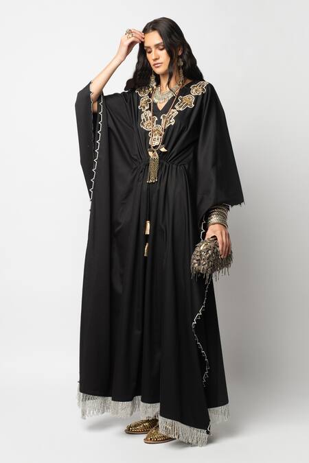 Rara Avis_Black Hamsa Motif Embroidered Kaftan_Online_at_Aza_Fashions