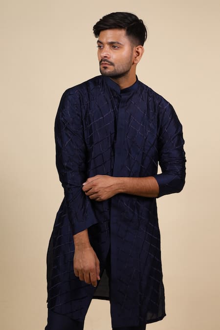Shop Hilo Design Blue Dupion Silk Lattice Pattern Kurta at Aza Fashions Shop_Hilo Design_Blue Dupion Silk Lattice Pattern Kurta _at_Aza_Fashions