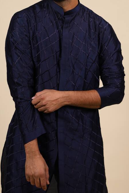 Hilo Design Blue Dupion Silk Lattice Pattern Kurta Online at Aza Fashions Hilo Design_Blue Dupion Silk Lattice Pattern Kurta _Online_at_Aza_Fashions