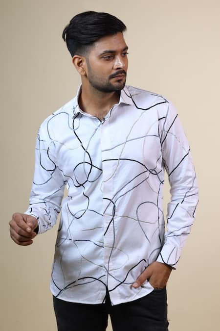 Hilo Design_White Cotton Satin Abstract Pattern Shirt _Online_at_Aza_Fashions