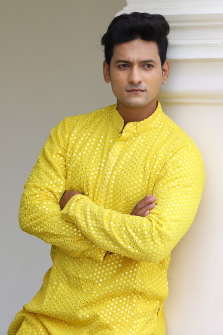 Hilo Design Yellow Mirror Work Georgette Kurta For Kids