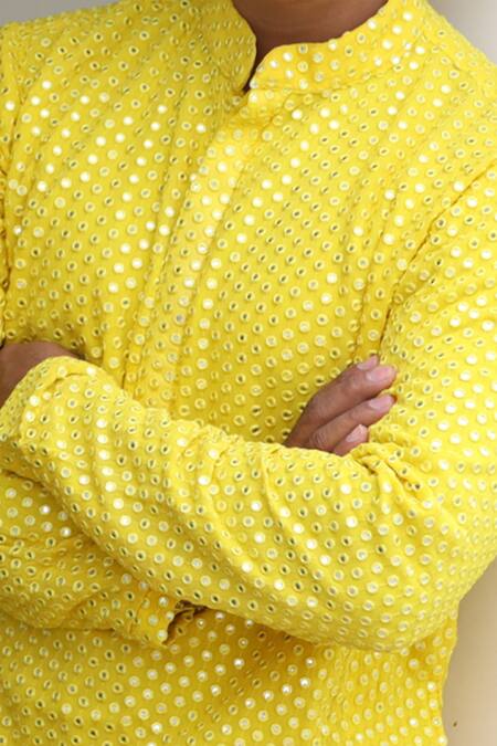 Hilo Design_Yellow Georgette Mirrors Work Kurta For Kids_Online_at_Aza_Fashions