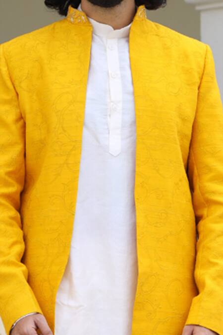 Hilo Design_Yellow Raw Silk Floral Calla Sherwani Set _Online_at_Aza_Fashions