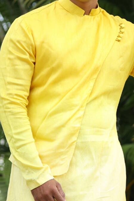 Hilo Design_Yellow Raw Silk Inari Kurta_Online_at_Aza_Fashions