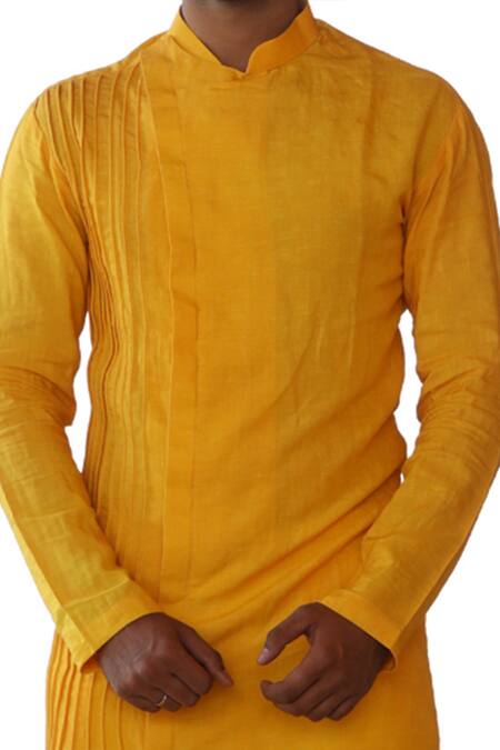 Buy_Hilo Design_Yellow Linen Silk And Lycra Avar Plain Kurta & Pant Set _Online_at_Aza_Fashions