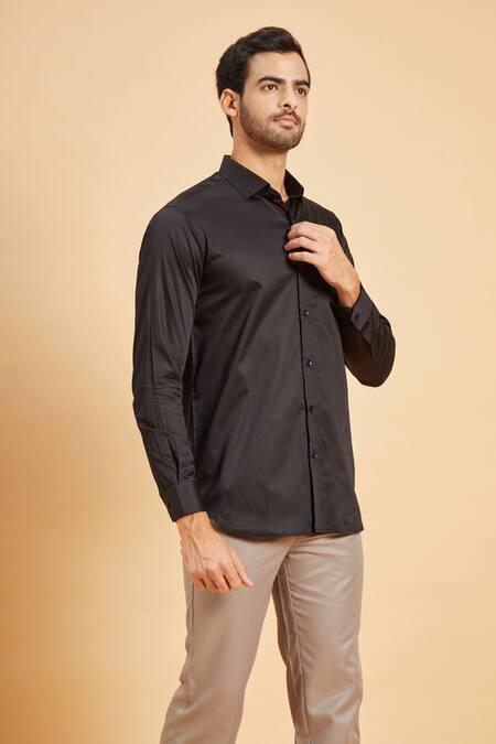 Hilo Design Black Giza Cotton Pintuck Ragic Shirt Online at Aza Fashions Hilo Design_Black Giza Cotton Pintuck Ragic Shirt _Online_at_Aza_Fashions