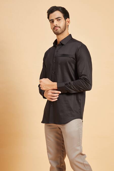 Shop Hilo Design Black Giza Cotton Pintuck Ragic Shirt Online at Aza Fashions Shop_Hilo Design_Black Giza Cotton Pintuck Ragic Shirt _Online_at_Aza_Fashions