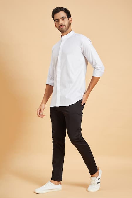 Hilo Design Grey Oxford Jejune Chinese Collar Shirt Online at Aza Fashions Hilo Design_Grey Oxford Jejune Chinese Collar Shirt_Online_at_Aza_Fashions