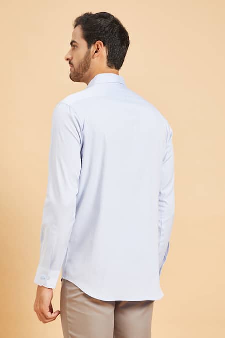 Shop Hilo Design Blue Oxford Skii Slim Collar Shirt at Aza Fashions Shop_Hilo Design_Blue Oxford Skii Slim Collar Shirt _at_Aza_Fashions