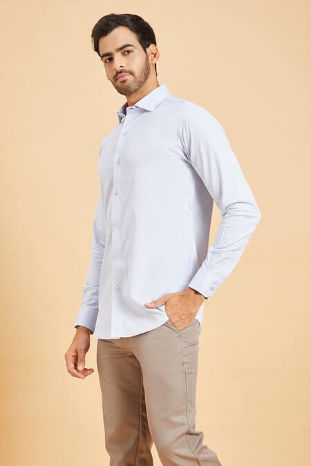 Hilo Design Blue Oxford Skii Slim Collar Shirt Online at Aza Fashions Hilo Design_Blue Oxford Skii Slim Collar Shirt _Online_at_Aza_Fashions