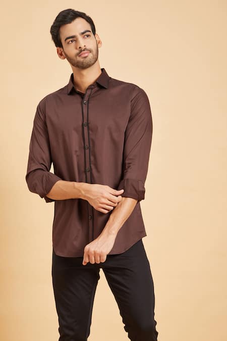 Hilo Design Brown Giza Cotton Cuff Sleeve Shirt 