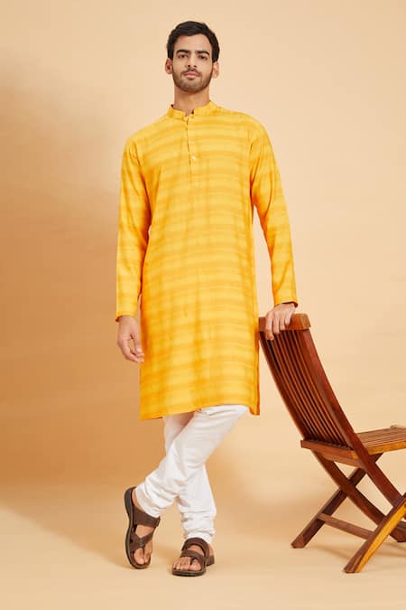 Hilo Design Yellow Striped Jacquard Kurta For Kids