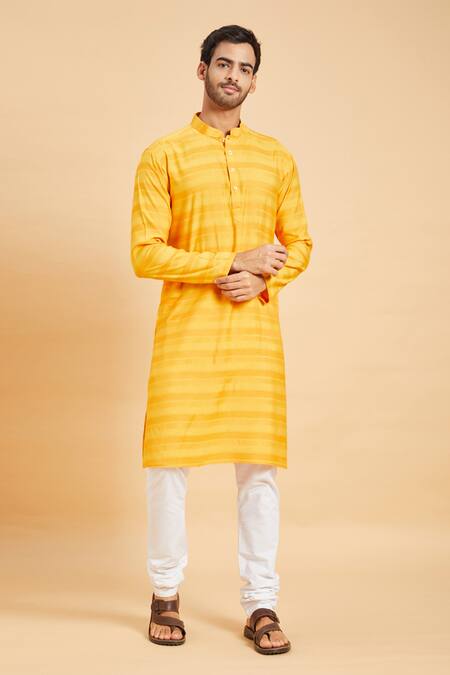 Hilo Design_Yellow Jacquard Striped Basik Kurta_Online_at_Aza_Fashions