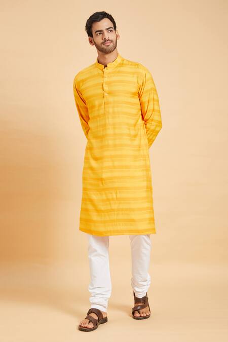 Buy_Hilo Design_Yellow Jacquard Striped Basik Kurta_Online_at_Aza_Fashions
