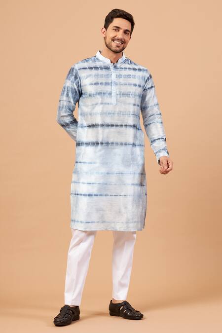 Hilo Design Blue Semi Raw Silk Tie Dye Blutin Kurta 