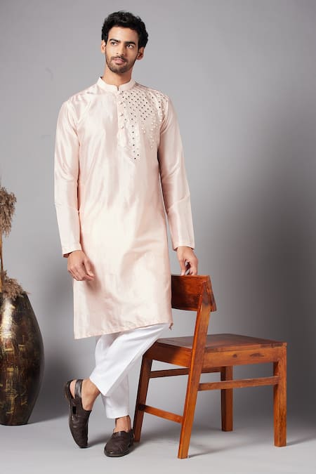 Hilo Design Peach Dupion Mirror Rooyi Embroidered Kurta 