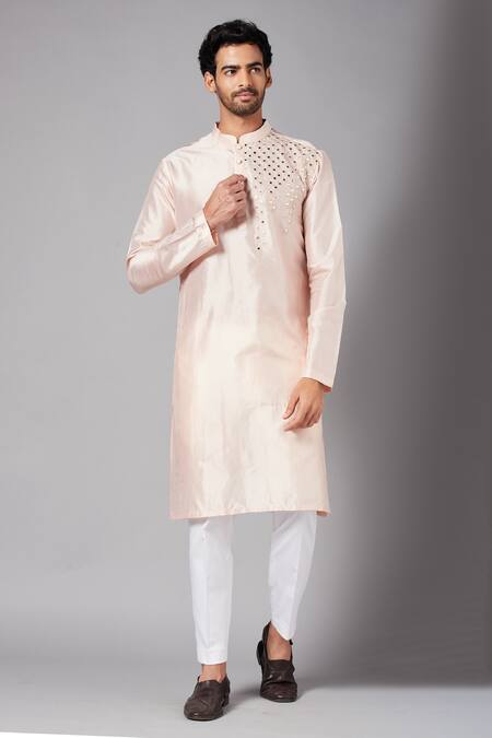 Buy Hilo Design Peach Dupion Mirror Rooyi Embroidered Kurta Online at Aza Fashions Buy_Hilo Design_Peach Dupion Mirror Rooyi Embroidered Kurta _Online_at_Aza_Fashions