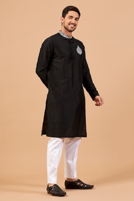 Shop Hilo Design Black Semi Raw Silk Floral Amyr Embroidered Kurta at Aza Fashions Shop_Hilo Design_Black Semi Raw Silk Floral Amyr Embroidered Kurta _at_Aza_Fashions