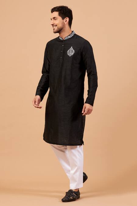 Hilo Design Black Semi Raw Silk Floral Amyr Embroidered Kurta Online at Aza Fashions Hilo Design_Black Semi Raw Silk Floral Amyr Embroidered Kurta _Online_at_Aza_Fashions