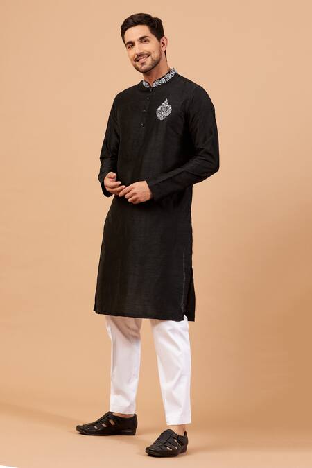 Buy Hilo Design Black Semi Raw Silk Floral Amyr Embroidered Kurta Online at Aza Fashions Buy_Hilo Design_Black Semi Raw Silk Floral Amyr Embroidered Kurta _Online_at_Aza_Fashions